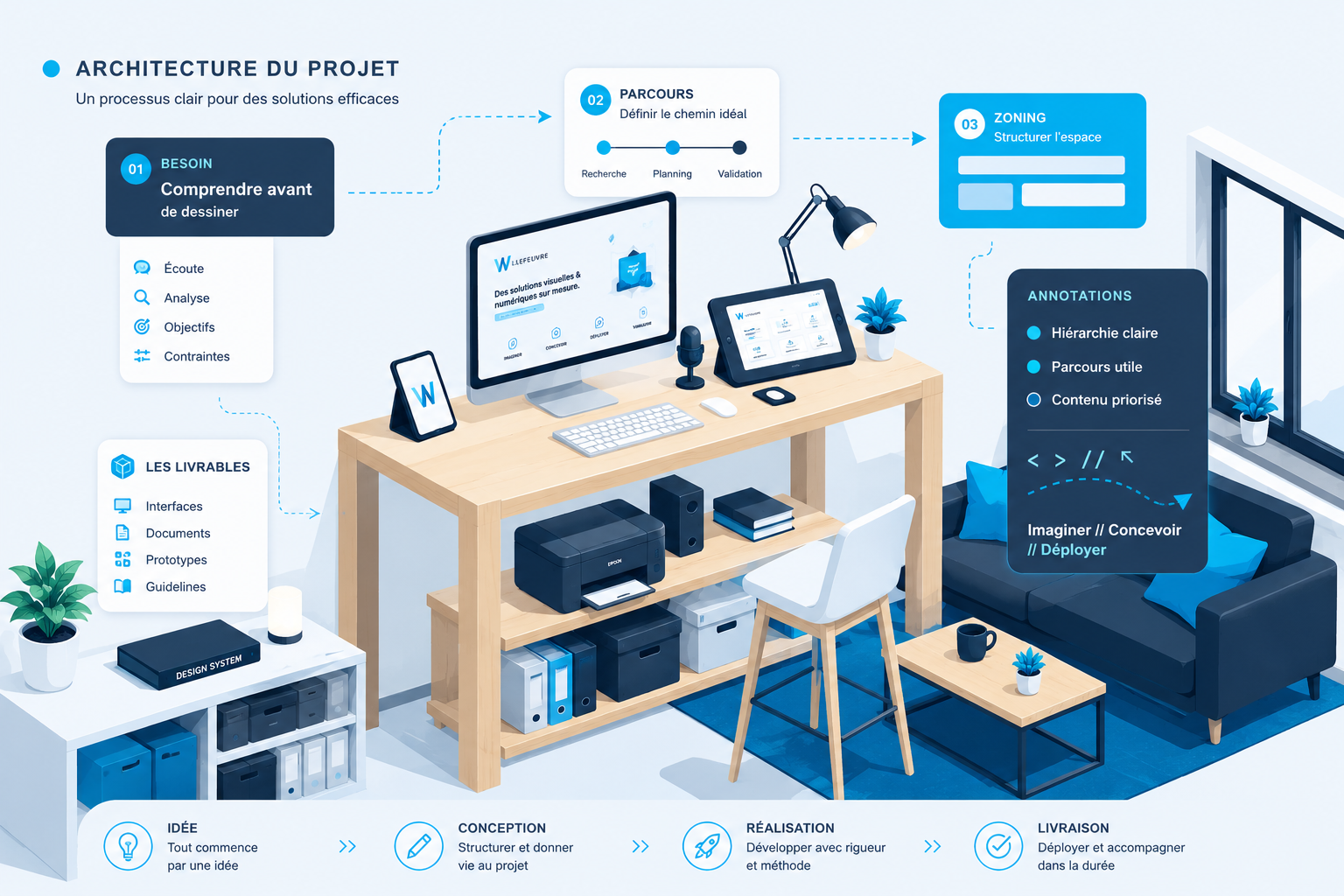Architecture complète d’un projet Web, du besoin à la livraison.